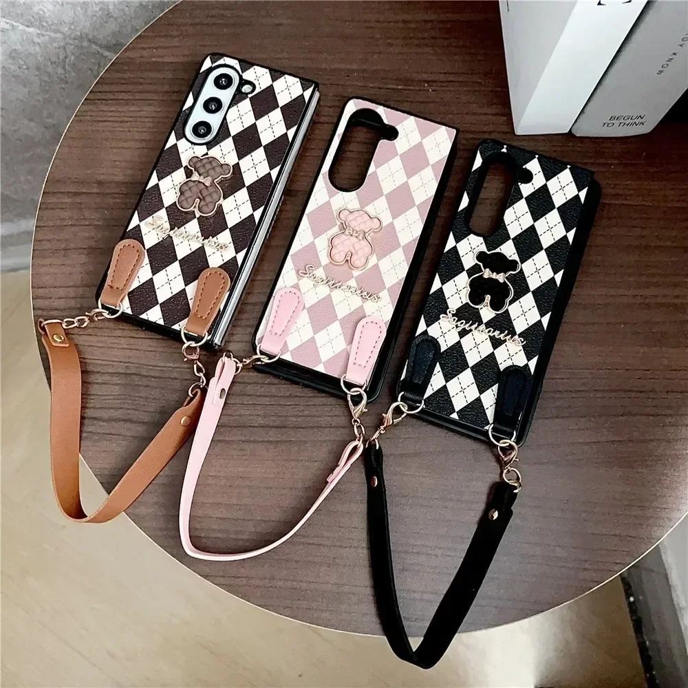 

Fashion Elegant Woman Portable Wrist Strap Cute Pattern Leather Case For Samsung Galaxy Z Fold 7 6 5 4 3 Anti-Drop Protect Cover