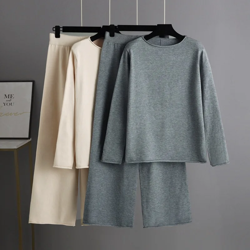 

Весенне-осенний вязаный женский свитер, спортивные костюмы, женский повседневный пуловер с разрезом, свитер, широкие брюки, костюмы, комплекты из двух предметов B818