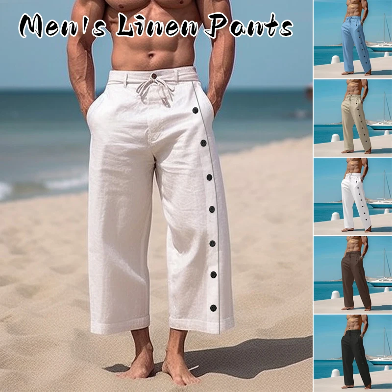 Men Casual Loose Beach Pants Summer Lace-up Drawstring Pants Comfortable Breathable Lightweight Outdoor Beach Trousers Overalls