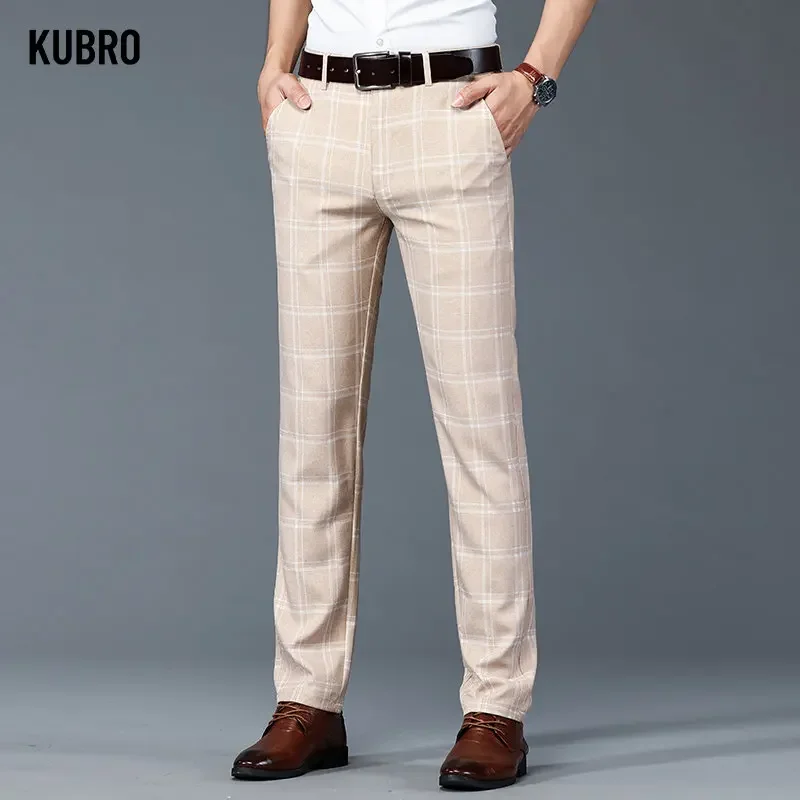 KUBRO New Imitation Linen Trend Plaid Pants Men\'s Straight Casual Personality Man Pattern Trousers Lightweight Smart Multicolor