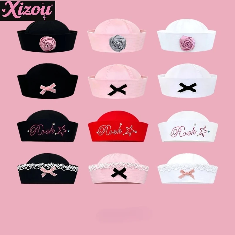 

Japanese Cute Fashion Y2k Millennial Hottie Style Navy Hat Female Sailor Hats Flipped Brim Bow Korean Version Sweet Nurse Hats