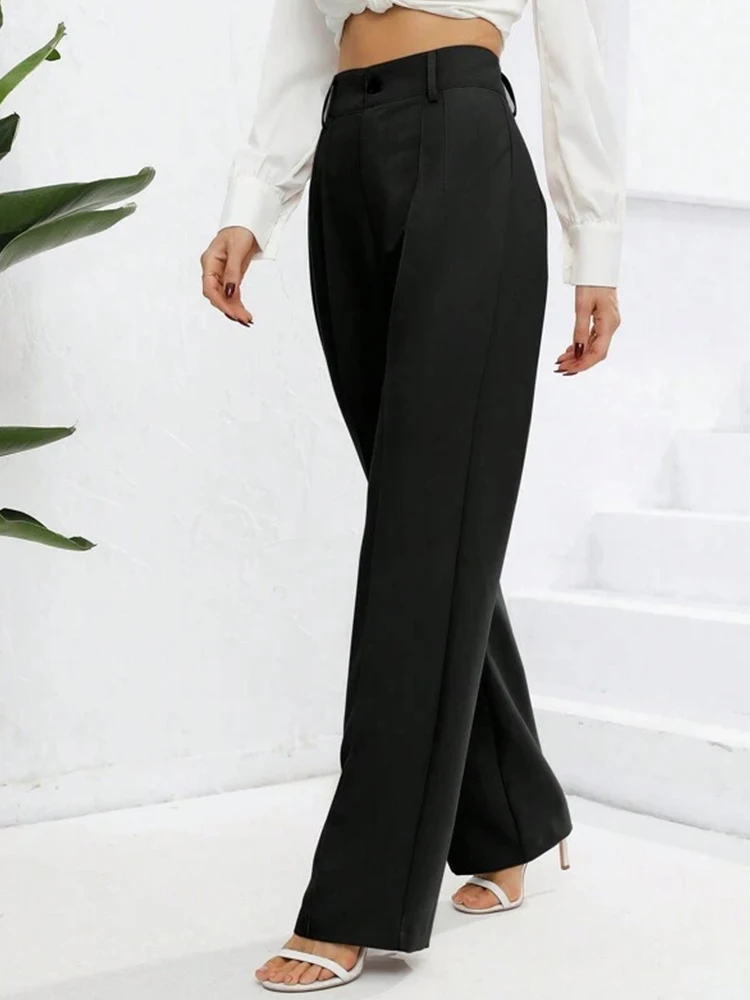 Fashionable pleated black business suit pants with front pocket straight leg pants, retro high waisted zipper women\'s suit pants