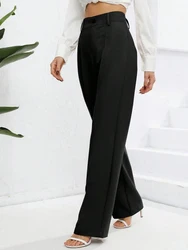 Fashionable pleated black business suit pants with front pocket straight leg pants, retro high waisted zipper women's suit pants