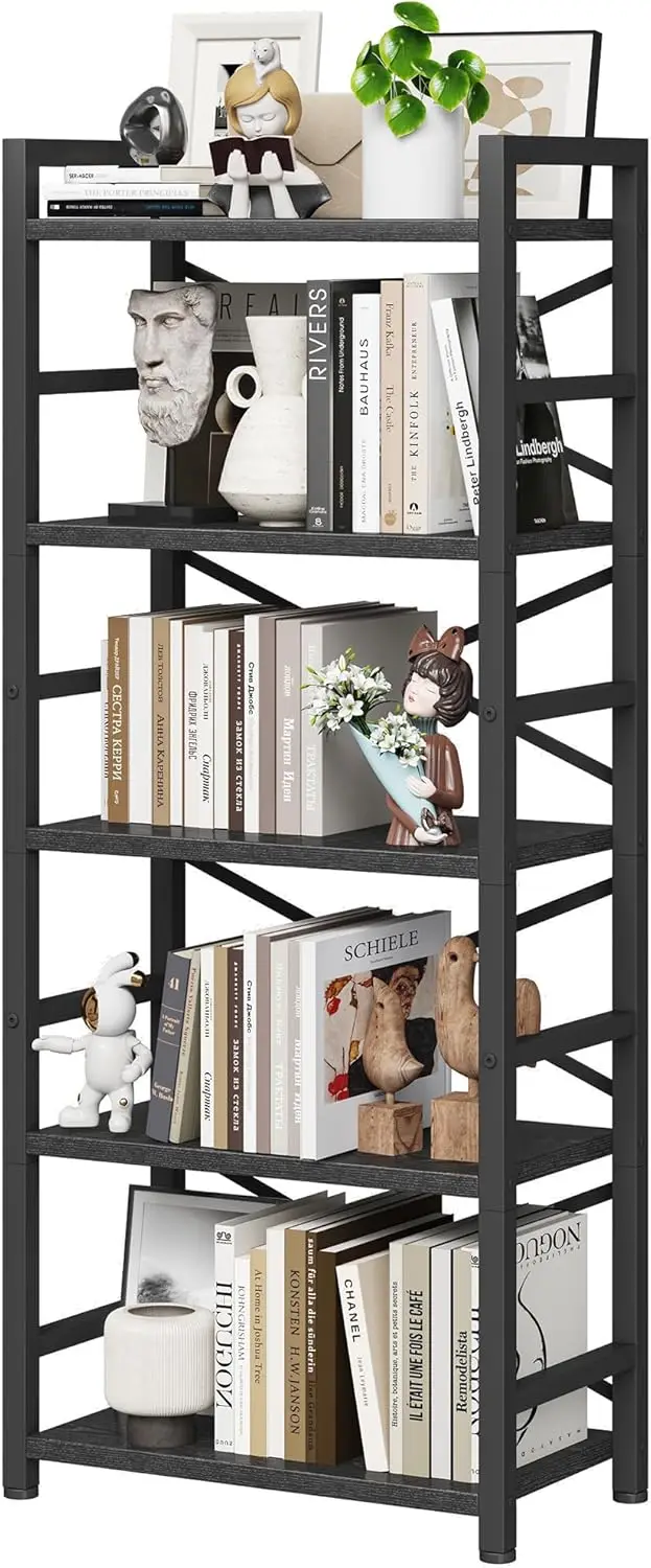 

Tall Industrial Bookcase with Shelves, Wood and Metal Storage Organizer for Bedroom Living Room, Black