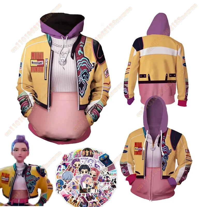 

KPop Demon Hunter Rumi Cosplay Costume Rumi Adult Unisex Printed Casual Hoodie Daily Zipper Coat Tops Halloween Party Clothing