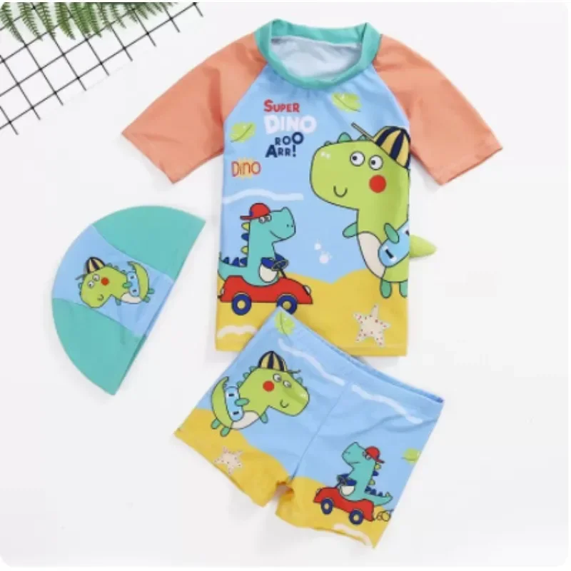 Toddlers Baby Boy Two Piece Suits With Hat Rash Guard Swimsuits Kids Short Sleeve Water Sport Swimwear Cartoon Bathing Suit 2024