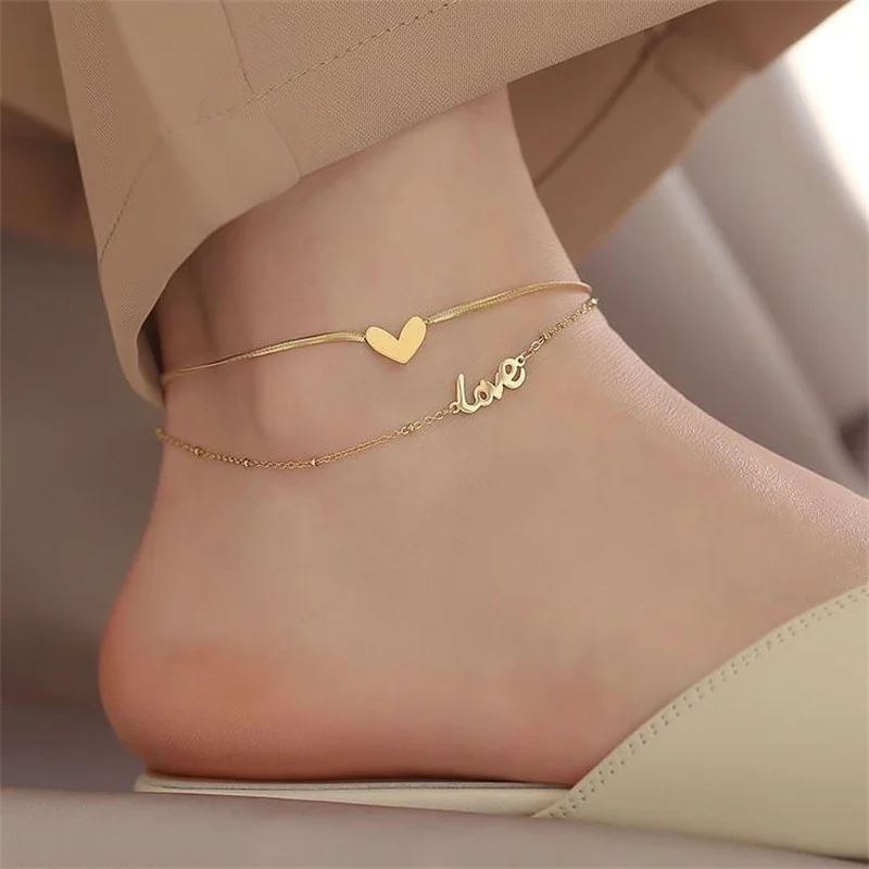 Luxury Brand Jewelry Double Layer Heart Love Letter Anklet Snake Chain Women Gold Color Stainless Steel Ladies Jewelry Not Fade