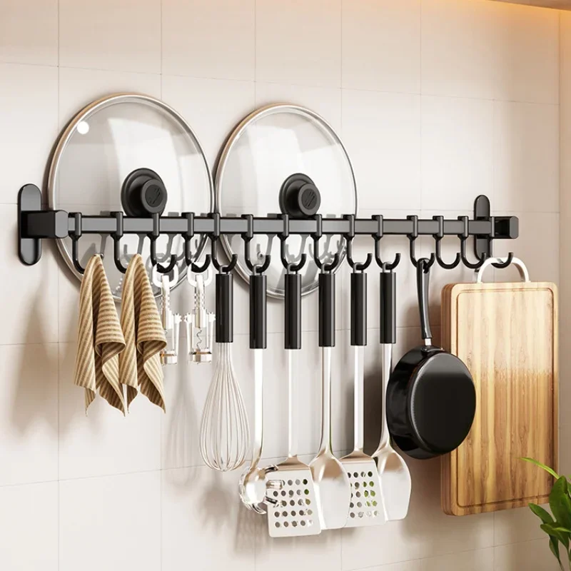 Wall Mounted Movable Row Hook, Kitchen Pot Shovel Spoon Storage Rack, Kitchen Supplies Storage Shelf Towel Rack，Coat rack