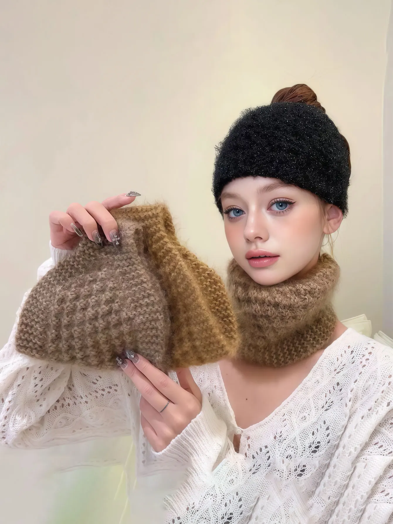 1PC  2026 Autumn-Winter Collection Knitted Hat Wide Brimmed Warm Hat Scarf Ear Protector Head Wrap