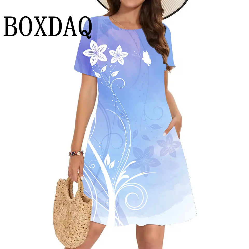 2025 Summer Dress For Women Floral Print Short Mini Dress Fashion Casual Pockets Short Sleeve Women Loose Beach Dresses Vestidos