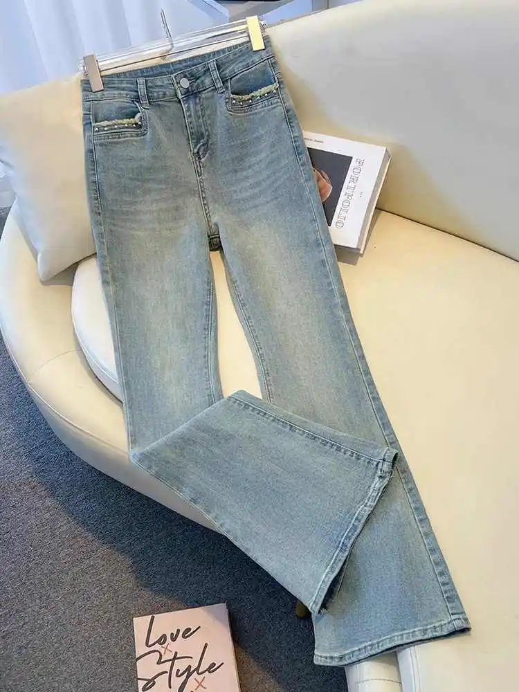 Retro micro queimado jeans para mulher primavera 2025 nova cintura alta magro denim calças moda borda crua bolso denim calças