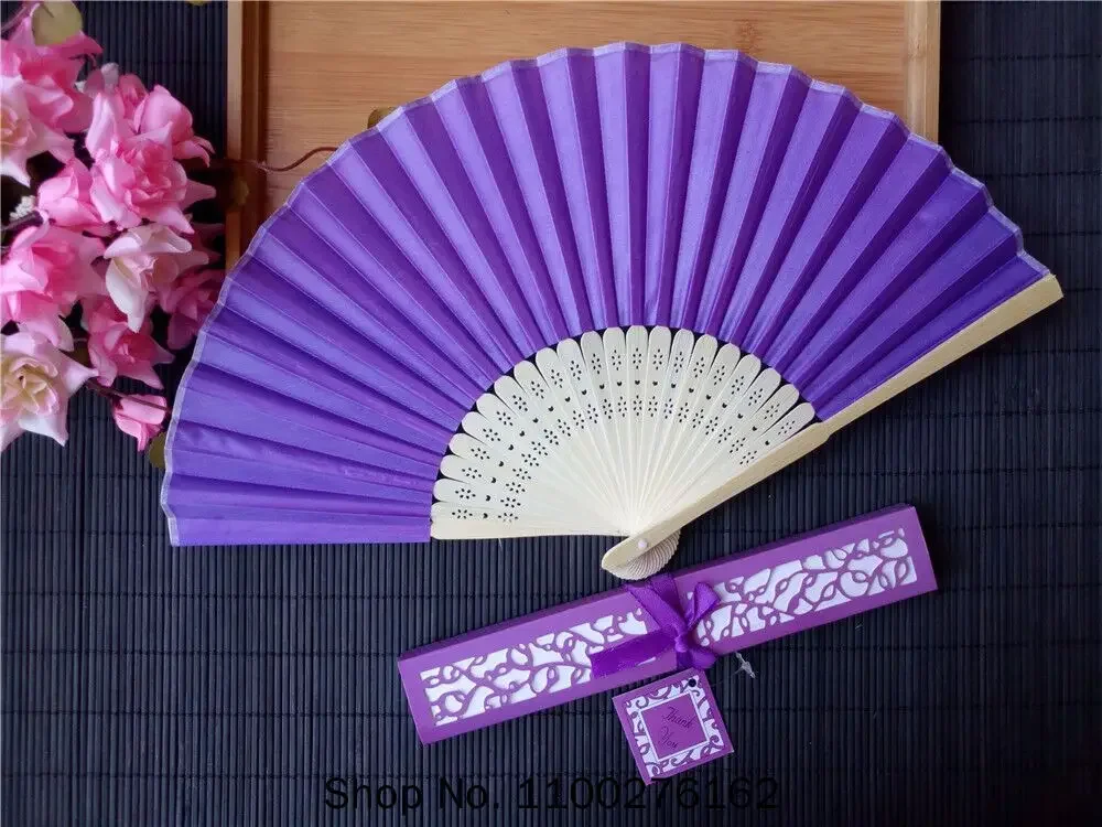 100 Pcs/lot Personalized Luxurious Silk Fold Hand Fan in Elegant Laser-Cut Gift Box +Party Favors/wedding Gifts+printing