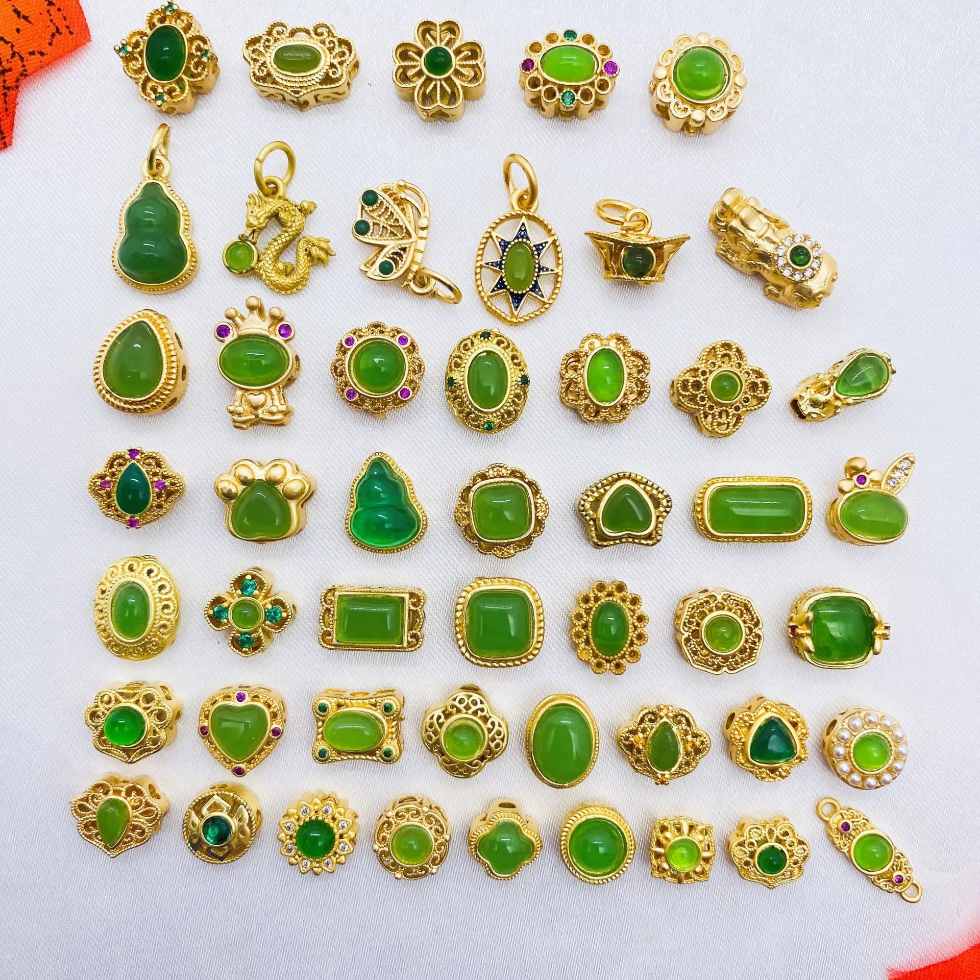 10pcs Copper-plated Inlaid with Green Cat Eye Stone Bead Accessorie DIY Handmade Bracelet Necklace Jewelry Making Bead Wholesale