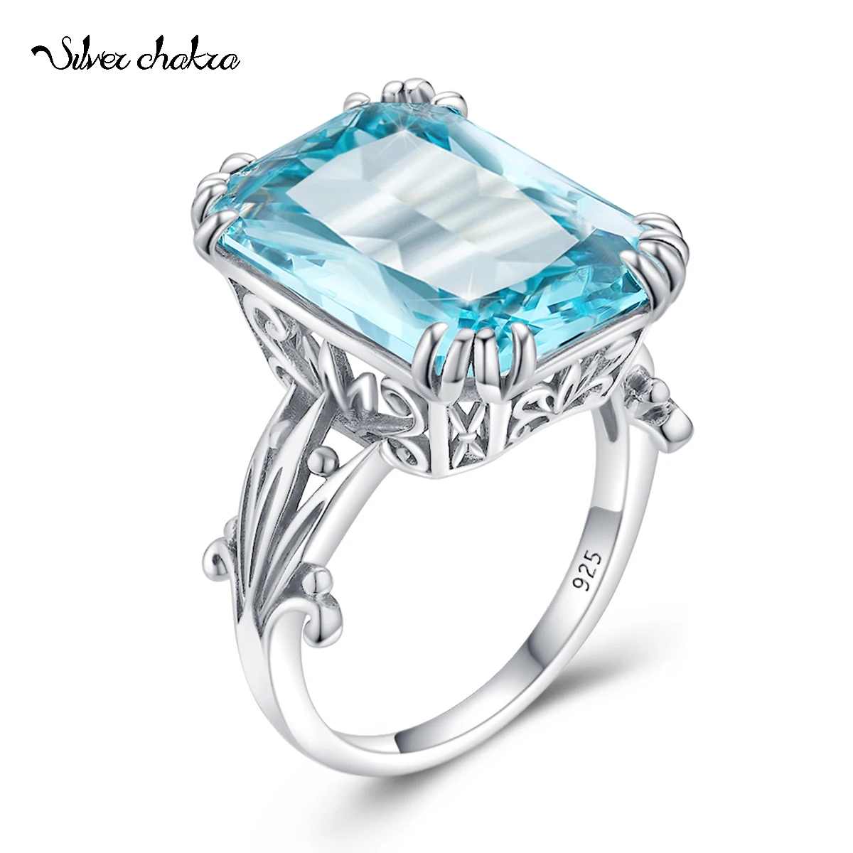 Unique 100% 925 Sterling Silver Aquamarine Ring For Women Light Blue Topaz Gemstones Ring Fine Jewelry Artistic Filigree Design