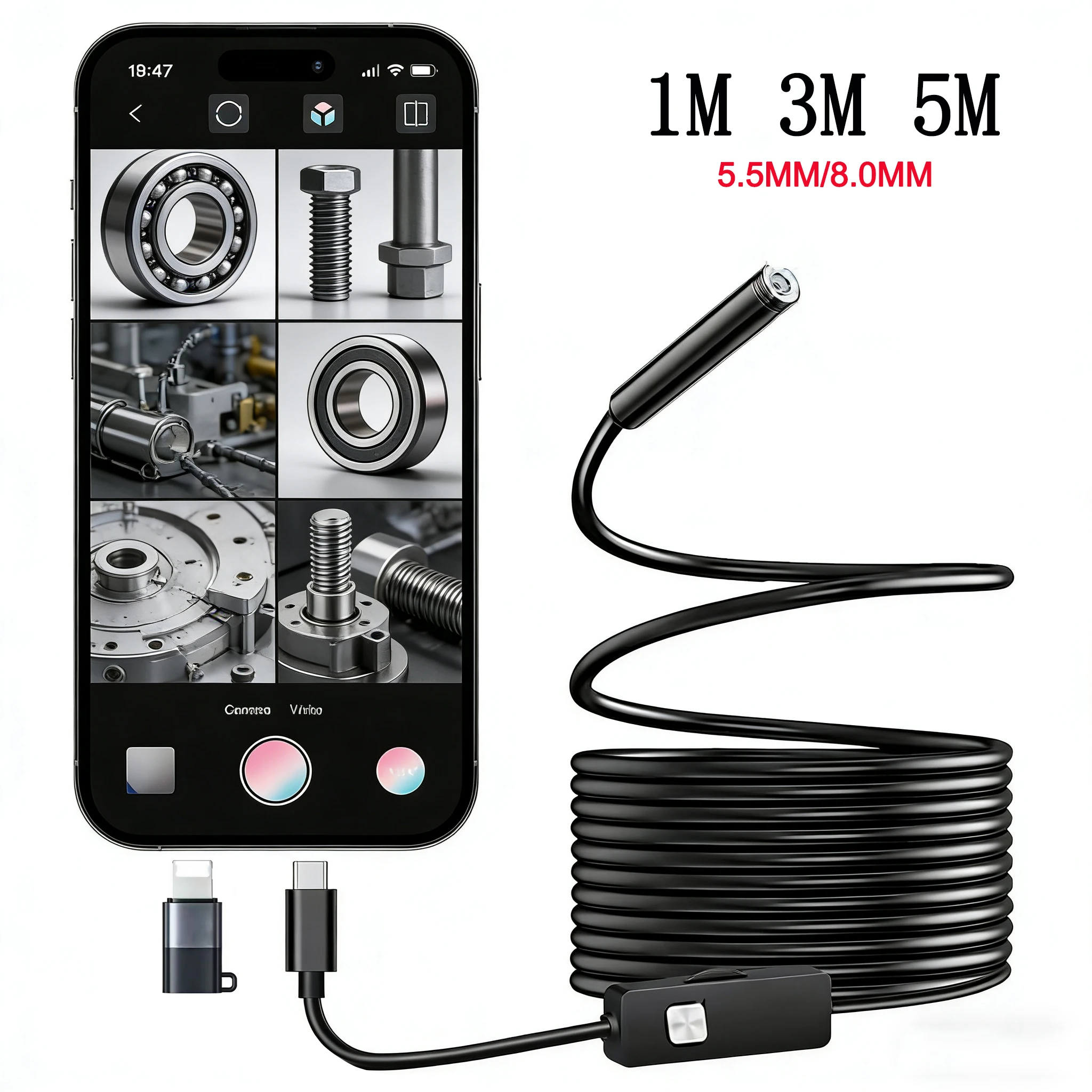 1080P Type-C Endoscope Camera 2MP Inspection Camera for Car Pipeline Borescope 5.5mm/8mm Compatible for Android iOS iPhone 15 16