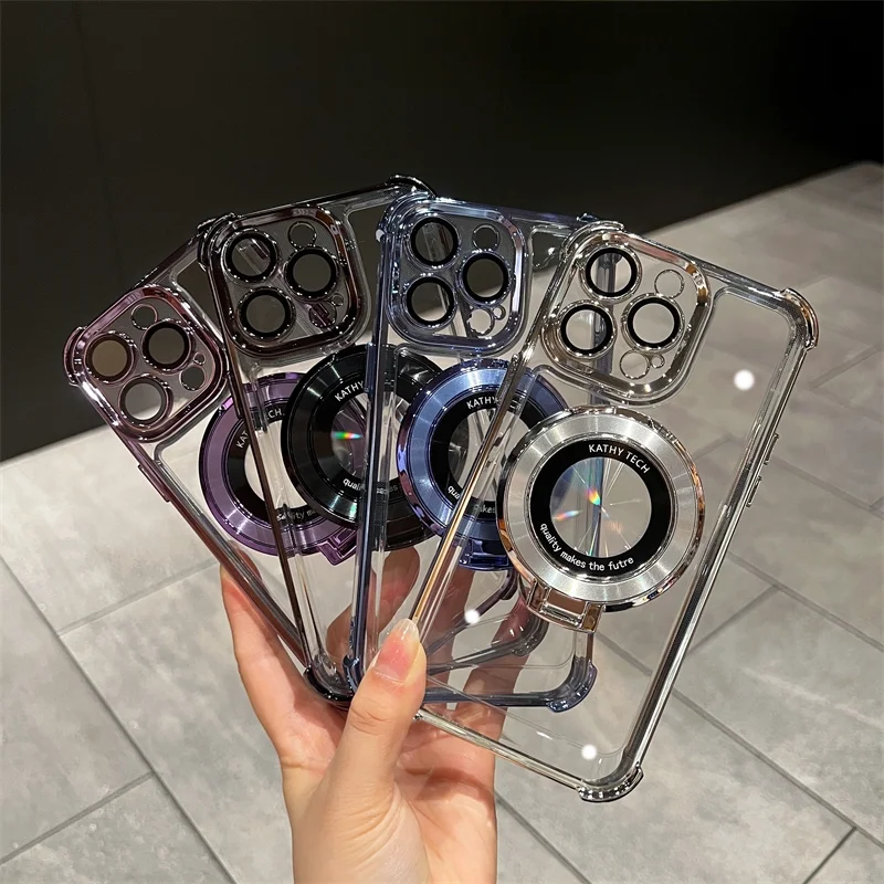 Luxury Magnetic Plating Stand Shockproof Clear Case  For iPhone 17 16 15 14 13 12 11 Pro Max Plus Shockproof Acrylic Back Cover