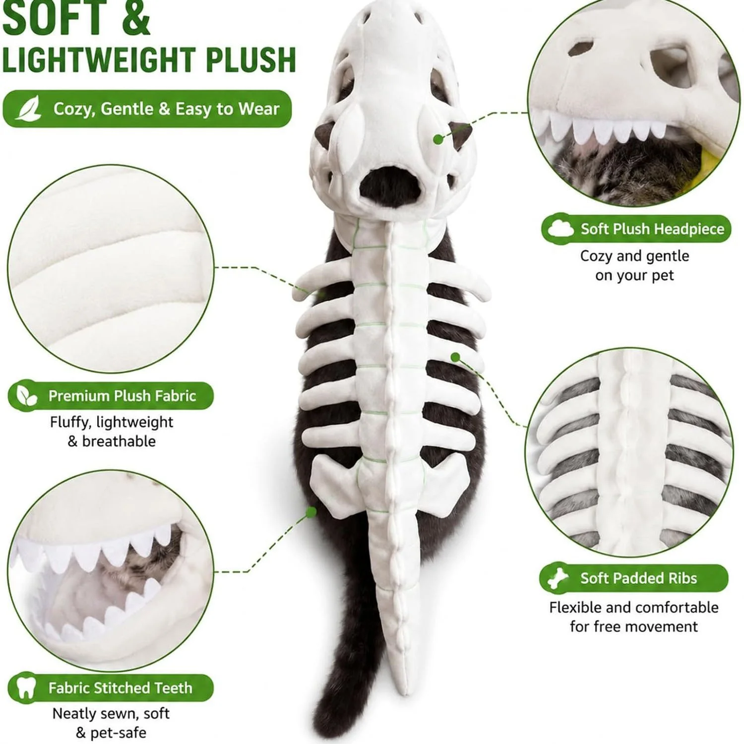 90CM/120CM Large Size Portable Dinosaur Skeleton, Realistic Skull, Spine, Plush Toys for Creative Pet, Halloween Costume Gift ﻿