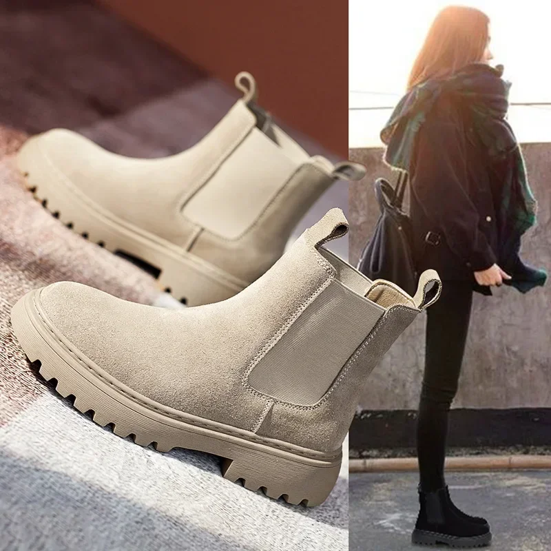 Brand New Chelsea Boots Soft Leather Ankle Booties Women Autumn Slip-On Platform Shoes Fashion Femme Plush Warm Winter