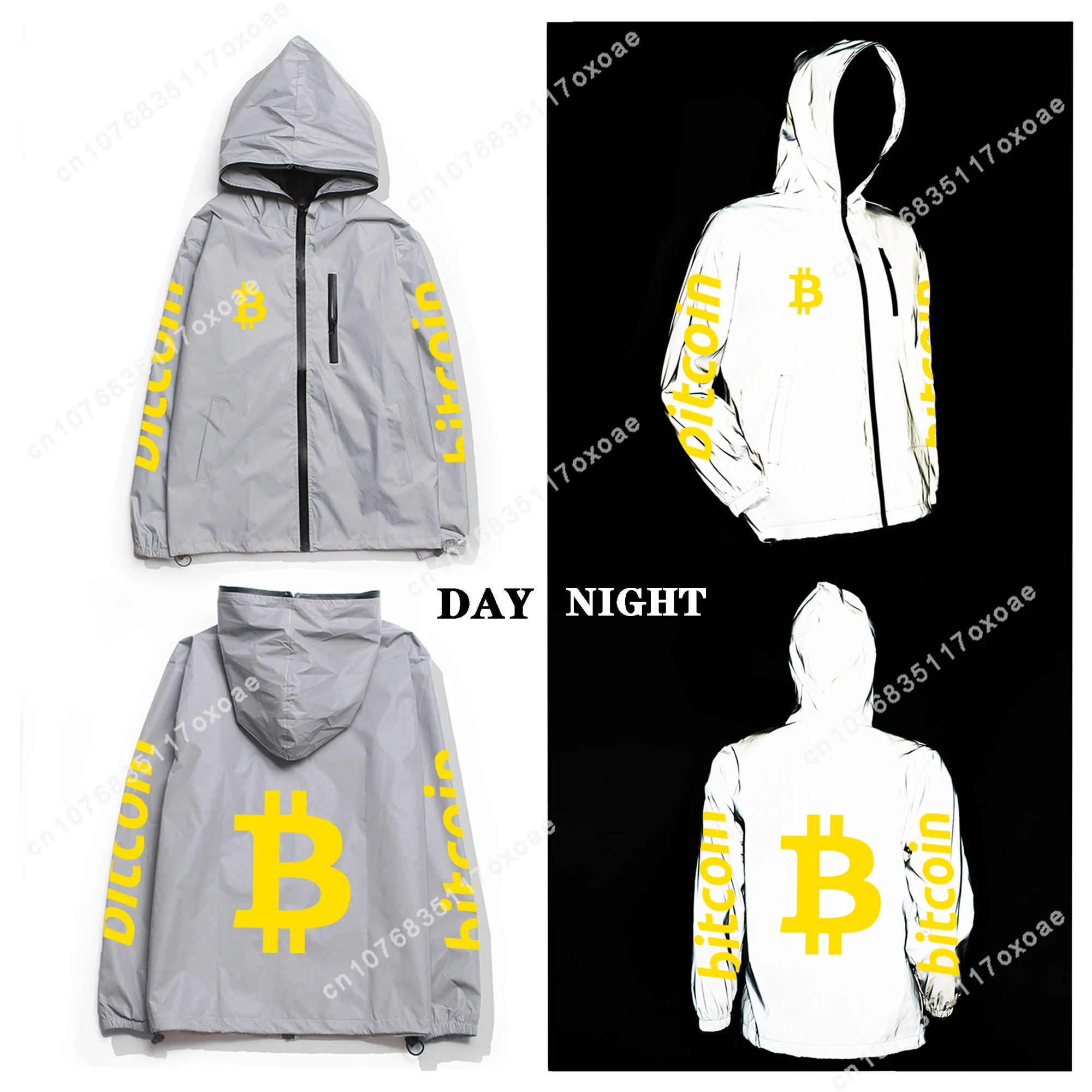 Bitcoin Reflective Jacket Mens Womens Fashion Coat Hooded Windbreaker Pocket Jackets Anime Cartoon Manga Customization Hoodie