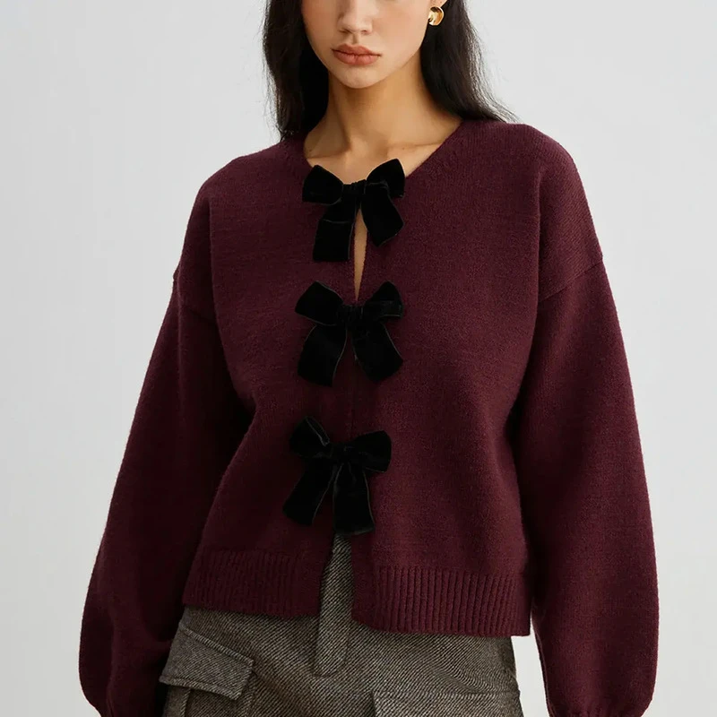 

2026 New Spring Autumn Winter Sweet Coquette Women Sweaters Cardigan Coat Long Sleeved Bow Knitted Temperament Women Outerwears
