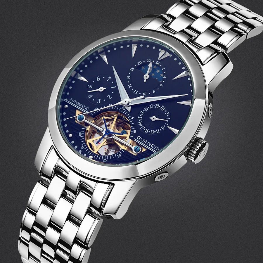 นาฬิกาข้อมือสวิส GUANQIN ใหม่ล่าสุดของผู้ชายระบบนาฬิกากลไกอัตโนมัติมู่เล่กันน้ำเรืองแสง