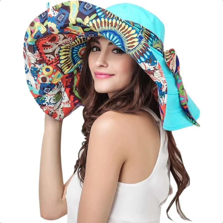 

Women's Foldable Floppy Reversible Travel Beach Sun Visor Hat Wide Brim UPF 50+