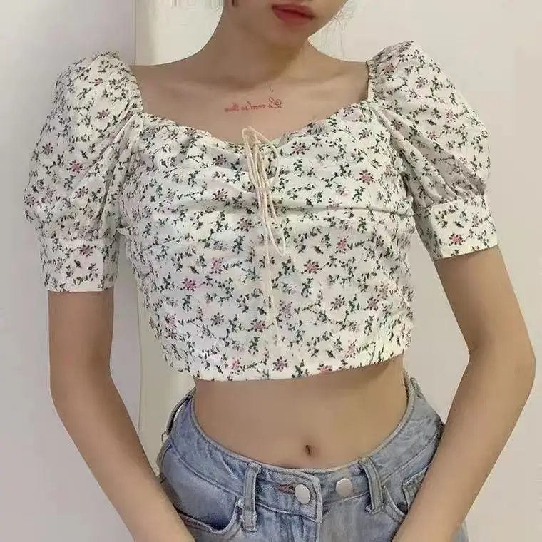 

Girls Floral New Style Short Sleeve Vintage Belted Slim Fit Shirt Women's INS Fashionable Commute Style Bubble Sleeve Blouse