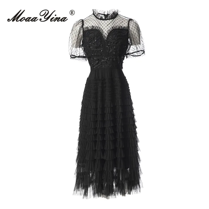 

MoaaYina Summer Fashion Designer Black Elegant Party Dress Women's O-neck Sequins High Waist Cascading Ruffles Mesh Long Dress