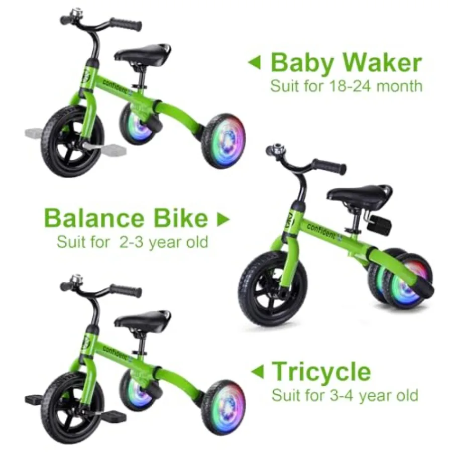 3 in 1 Folding Balance Bike for Toddlers Age 2-5 Years Old Green Ride-on Toy with Adjustable Seat and Removable Pedals Lightwei
