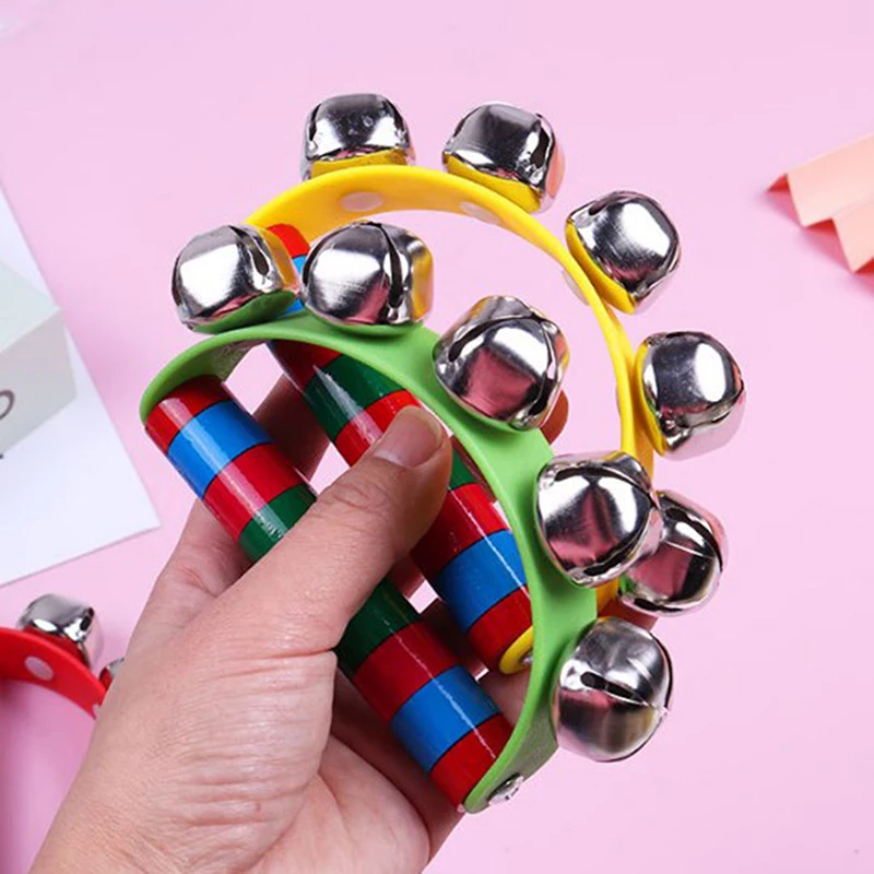 1PC Children\'s Intellectual Props Handbell Hand Bells With 5 Jingle Bells Wood Handle Musical Instrument Toy For Music Class