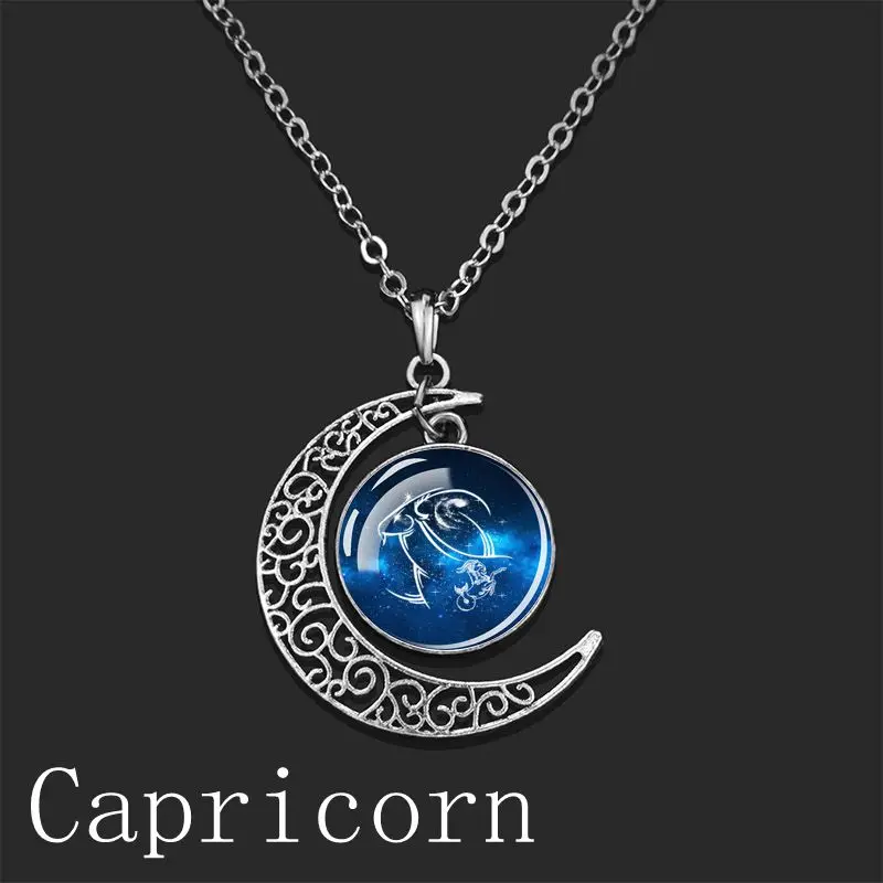 12 Constellation Crescent Moon Necklace Zodiac Sign Glass Fashion Jewelry Pendant Aries Gemini Cancer Leo Women Birthday Gift