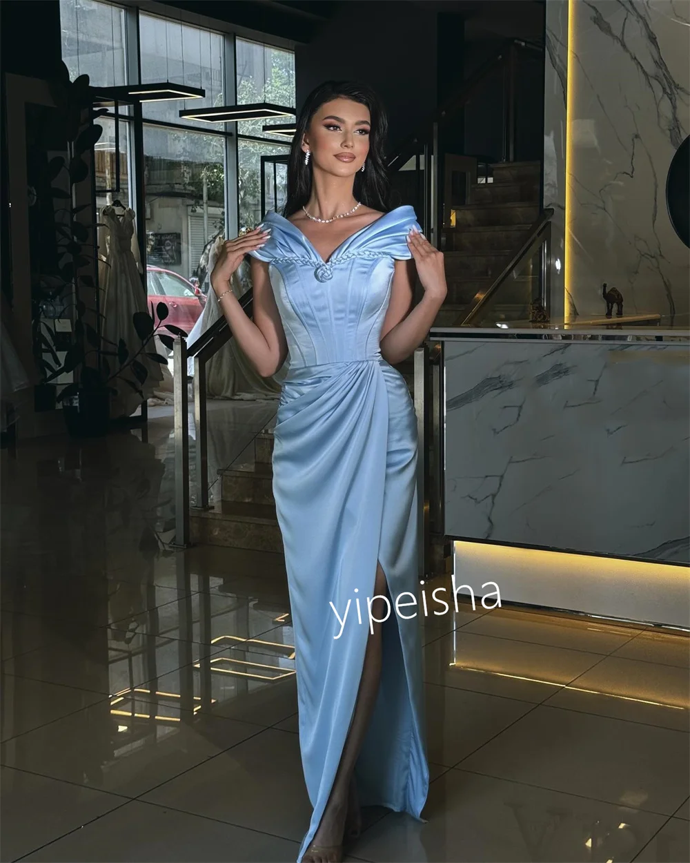 Exquisite Criss-Cross Pleat Straight V-neck Long Dresses Cocktail Dresses High Quality Modern Style Classic Matching Sparkle