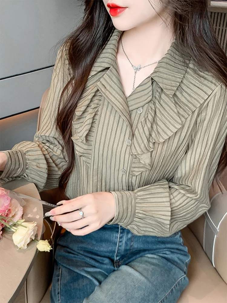 

Long Sleeve Shirts Womens Chiffon Pleated Slim Fit Vacation Feminine Minimalist Romantic Beach Holiday Spring Look Comfortable