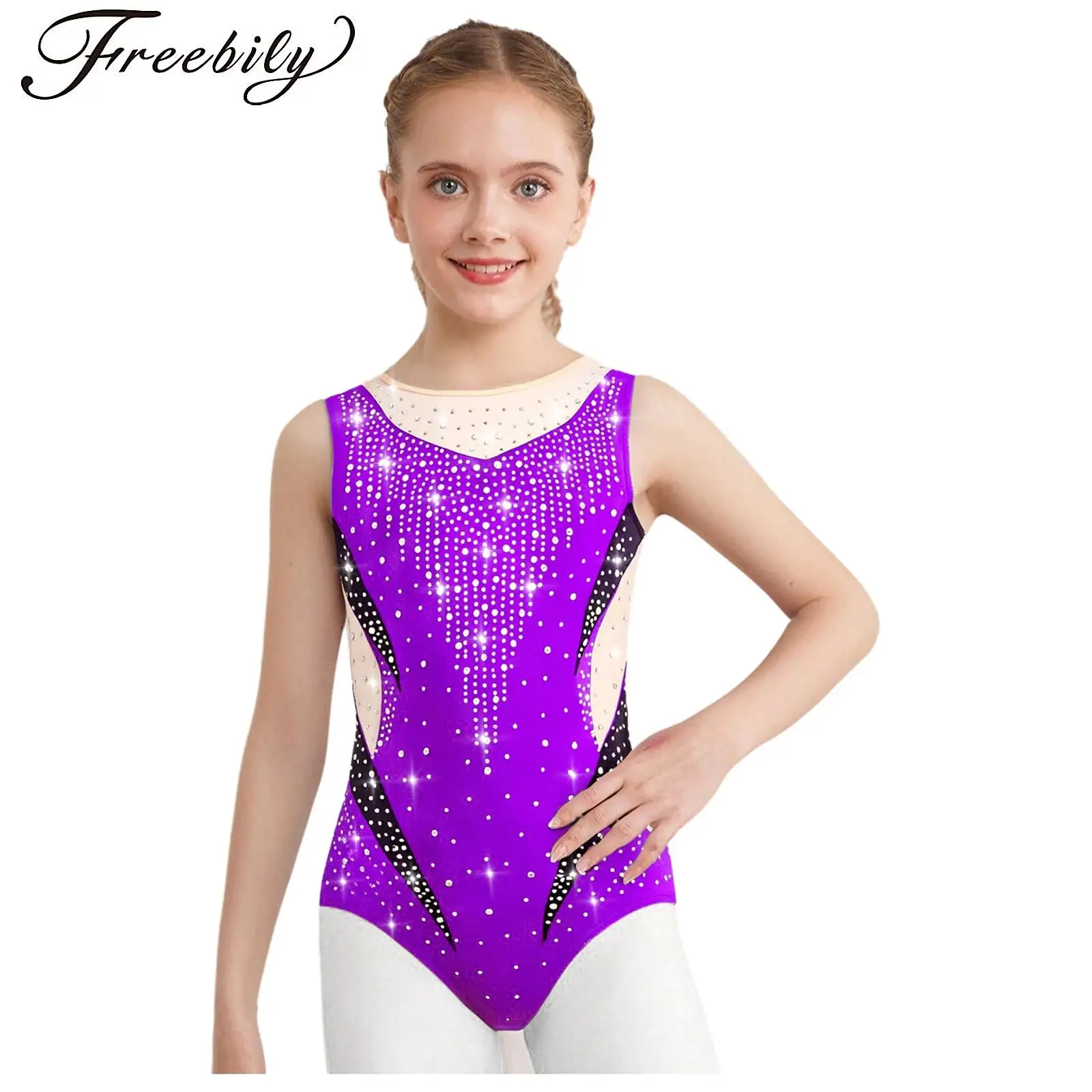 

Girls Gymnastics Dancewear Leotard Sparkling Rhinestones Bodysuit Metallic Keyhole Back Jumpsuit Sheer Mesh Patchwork Costume