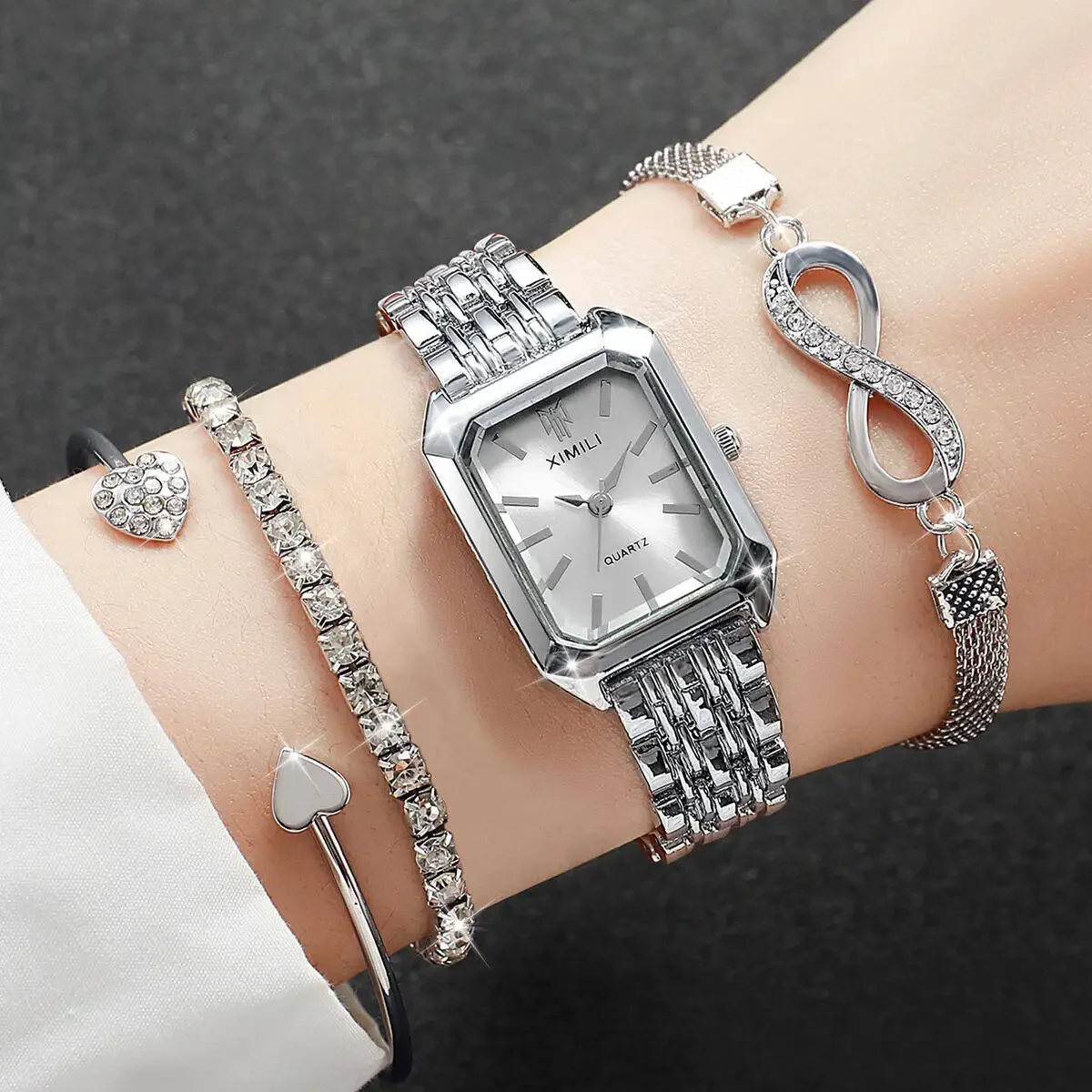 4PCS Fashion Rectangle Women Watches Luxury Stainless Steel Band Ladies Quartz Watch Rhinestone Bracelets Set Reloj Mujer