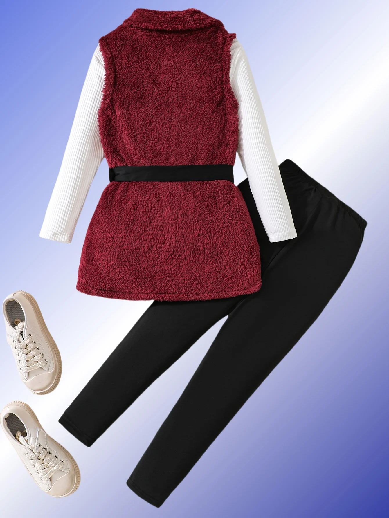 Winter children's girls three-piece wine-red lamb velvet vest pit strip top slim long waistband waistband slimming simple suit