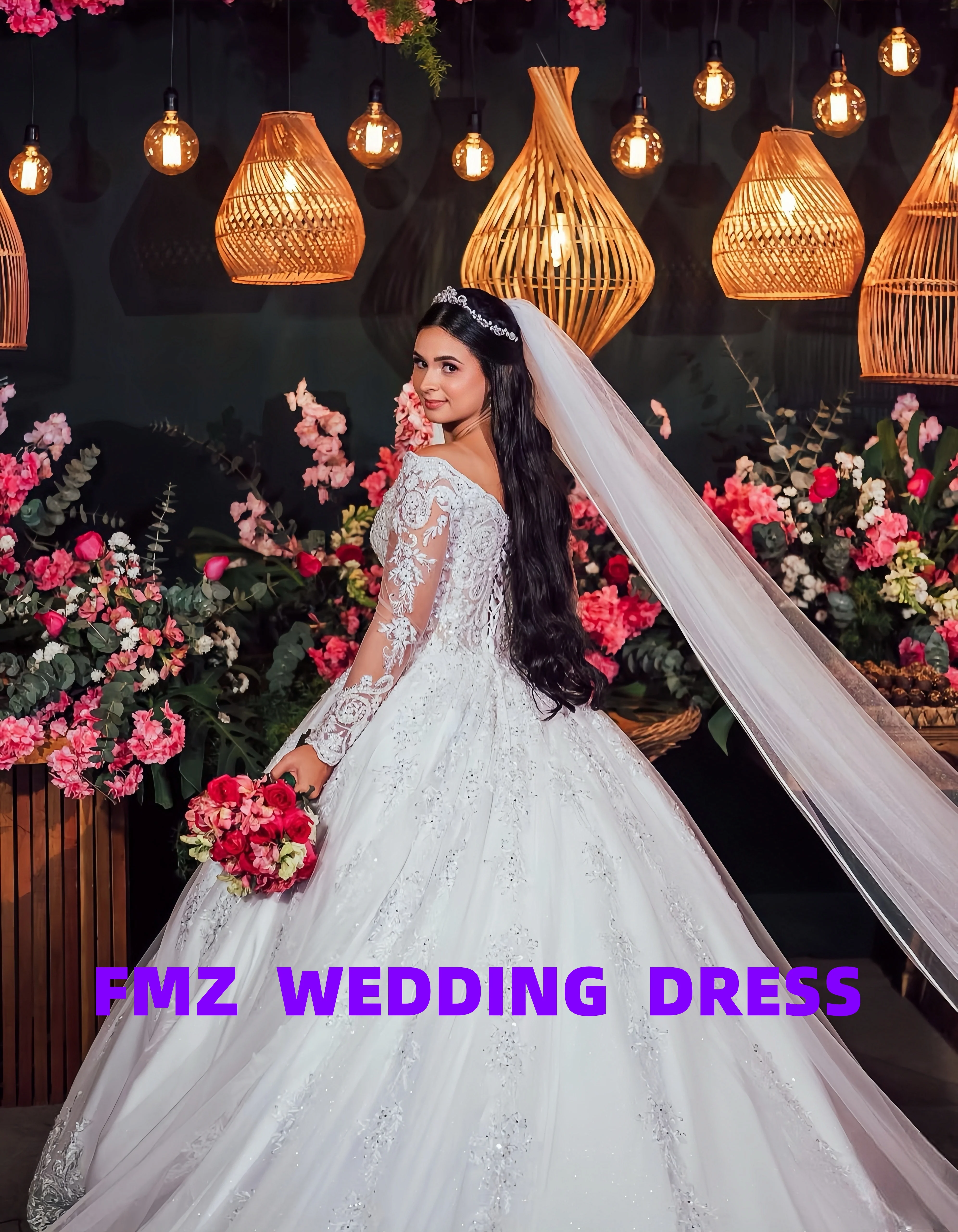 Vestido de baile de manga larga con cuello en V personalizado, vestidos elegantes de novia, vestidos para mujer, bata de mariee