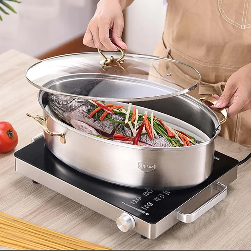 

304 Stainless Steel Steamed Fish Pot 38CM Oval Steamer with Lid Thickened Multifunctional Seafood Pot Coal Electricity General