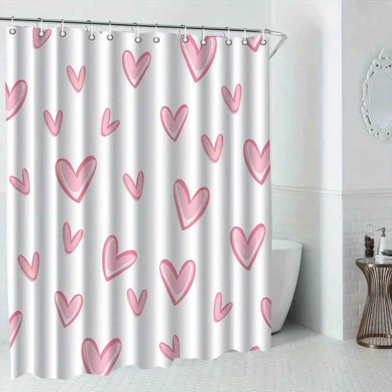 1pc with Hooked Shower Curtain, Easy Valentine'S Day Pink Love Print Creative Pattern, High-End And Elegant, Machine Washable, S