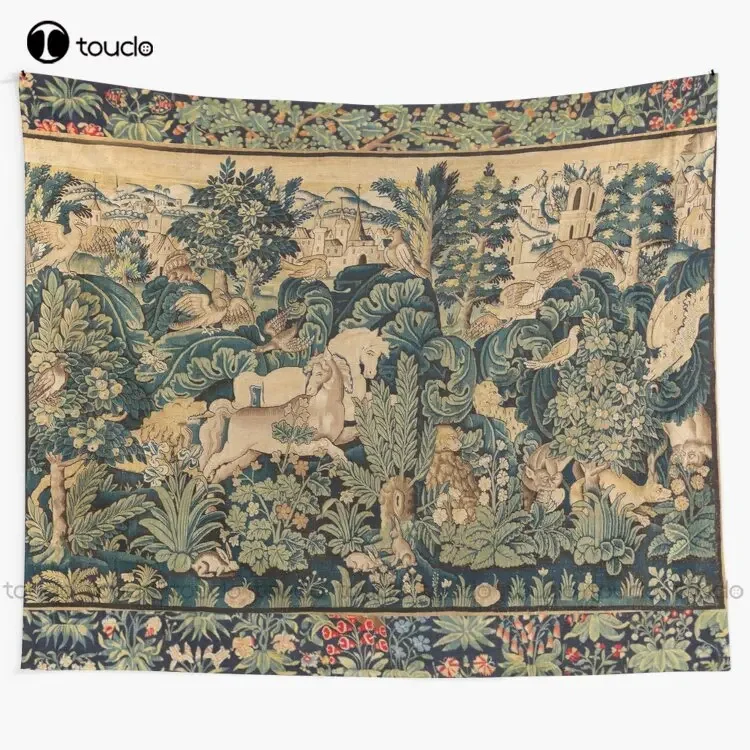 Fantastic Animals And Horses In Woodland Blue Green Ivory Antique French Tapestry Tapestry Printed Tapestry Hanging Wall