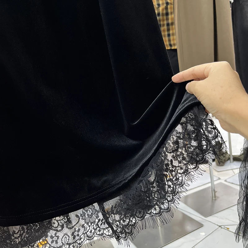 Koreańska aksamitna spódnica z koronkowym wykończeniem, damska, z wysokim stanem, dopasowana, z rozcięciem, obcisła, do pracy, nowość na jesień.