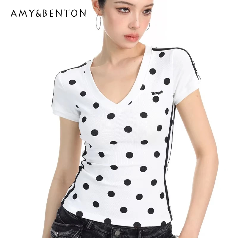 

Japanese Design White Polka Dot Short-sleeved Women's T-shirt 2026 Summer New Slimming Thin V-neck Y2k Versatile Tops Ladies