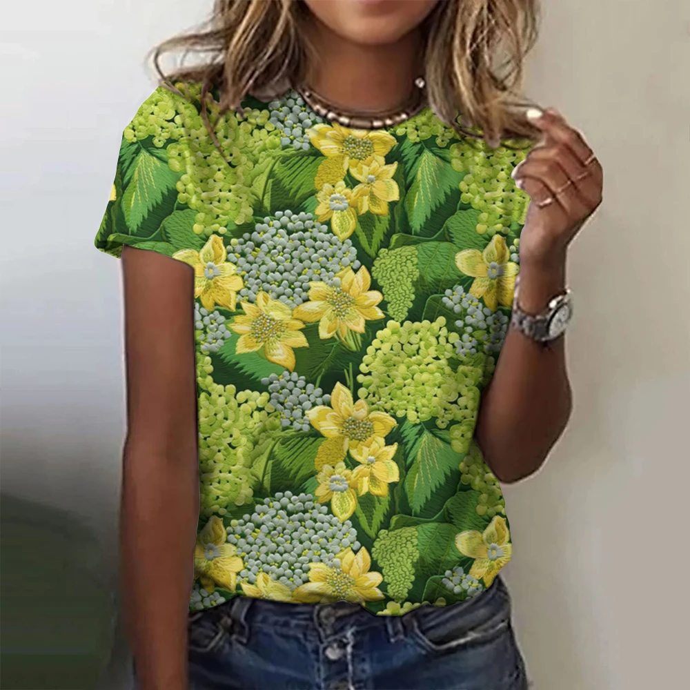 Floral Print Women\'s T-Shirt Short-Sleeved Casual O-Neck T-Shirt Summer Women\'s T-Shirt Oversized 2024 Fashion Female Clothing