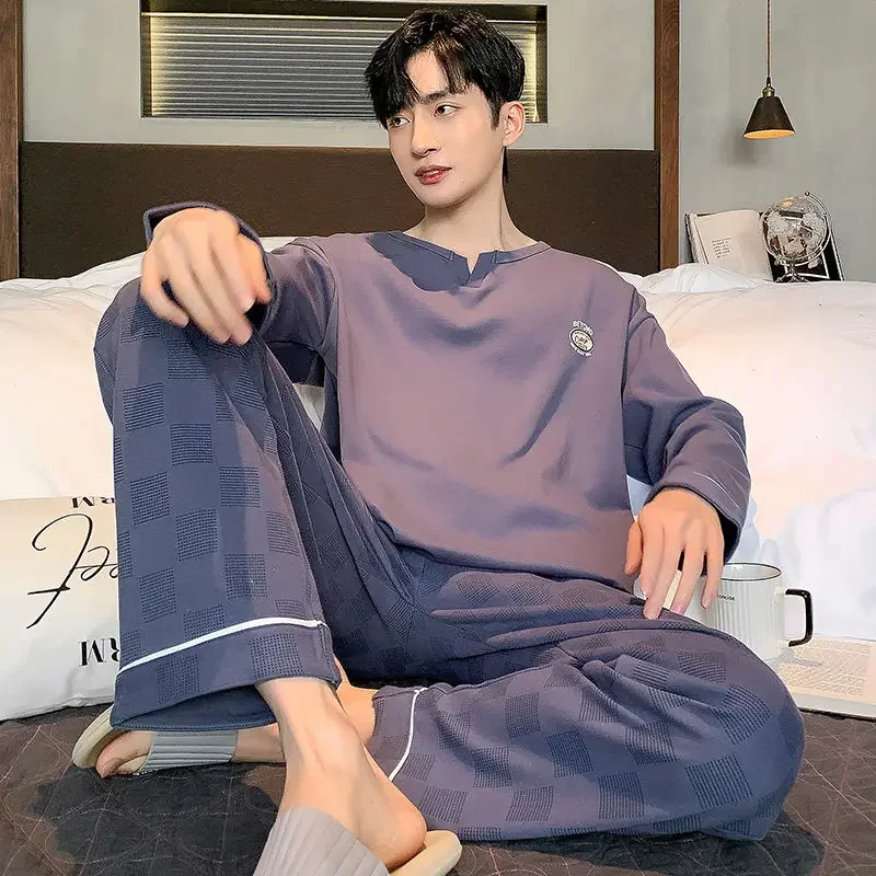 

Spring and Autumn Teenager All Cotton Plus Size Loose Top Grade A Loungewear Set Pajamas Pure Cotton Pajamas Male Long Sleeve