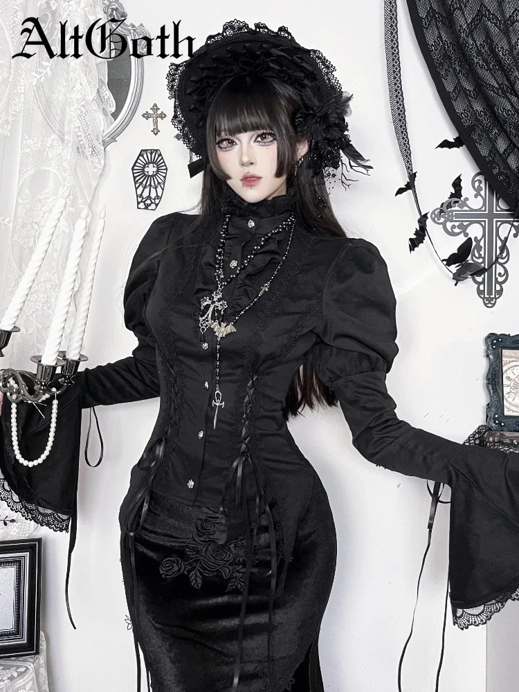 IMU Palace Style Vintage Gothic Shirt Women Halloween Streetwear Y2k E-girl Hotsweet Lace Patchwork Long Sleeve Blouse Femme