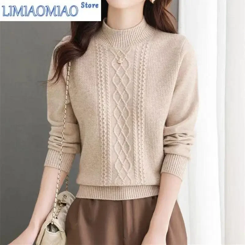 

Women Clothing Autumn Winter Half High Collar Screw Thread Solid Color Pullover Sweater Knitted All-match Long Sleeve Tops