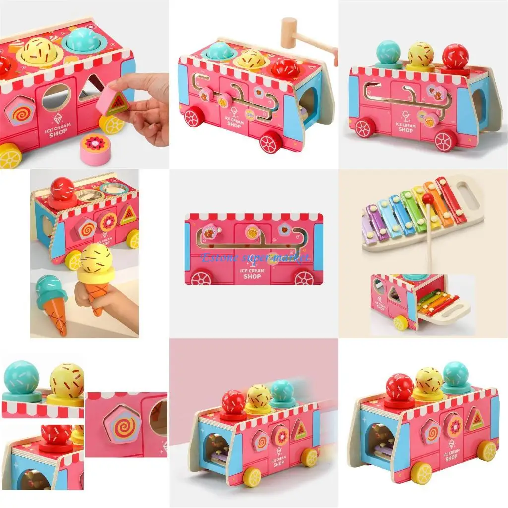 

090B Wooden Icecream Truck Hammering Toy Matching Preschool Early Learning Toy