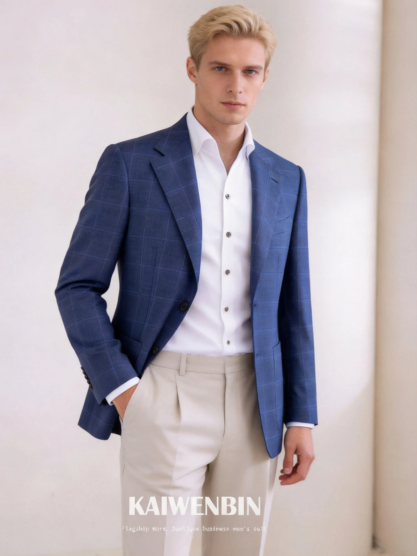 Men's Custom Italian Style Blue Worsted Plaid Pure Wool Blazer Suit Set Light Luxury Business Casual Handsome Outfit for Wedding