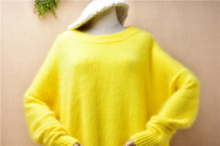 04 Ladies Women Fall Winter Clothing Yellow Hairy Mink Cashmere Knitted O-Neck Split Loose Pullover Angora Fur Jumper Sweater