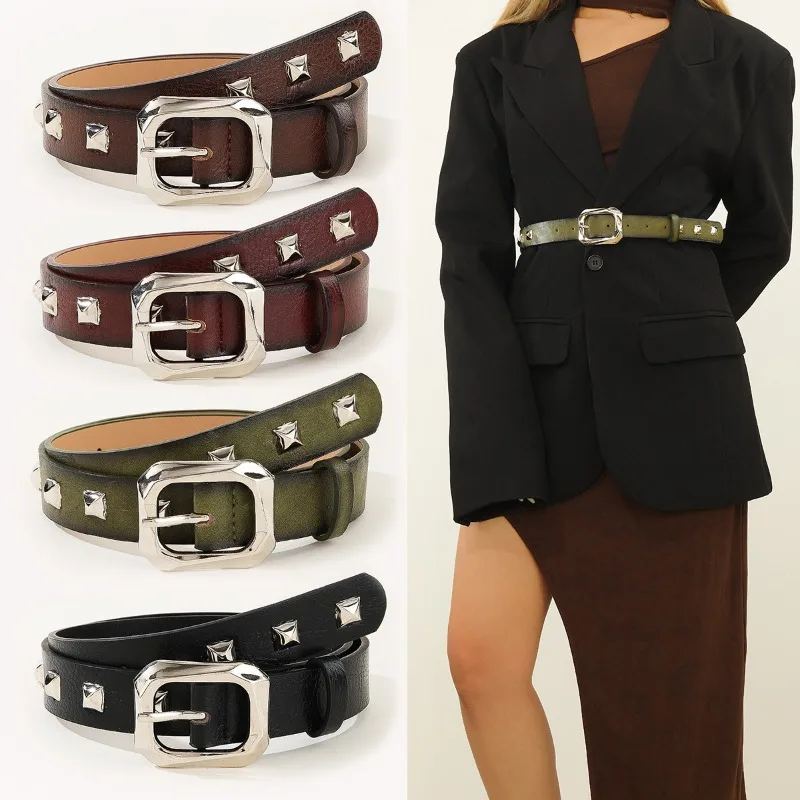 New Arrival UniqueRetro-Chic Square-Bead Women’s Belt—Fashionable High-End Leather Belt for Jeans Exclusive Light-Luxury Style